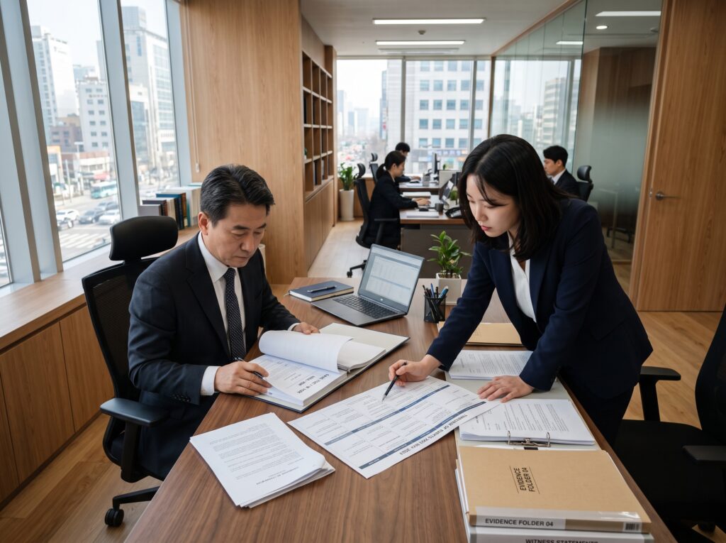 변호사가 쟁점표와 증거 목록을 검토하는 모습